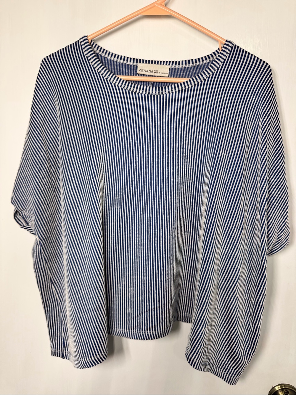 Zenana Outfitters Navy and White Striped Scoop Neck Sweater